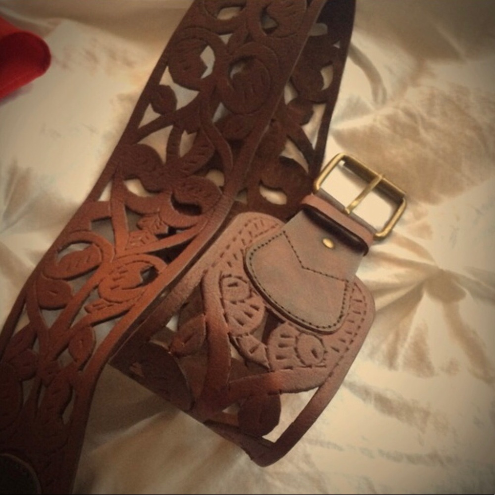 Indie designer  brown leather belt hand tooled